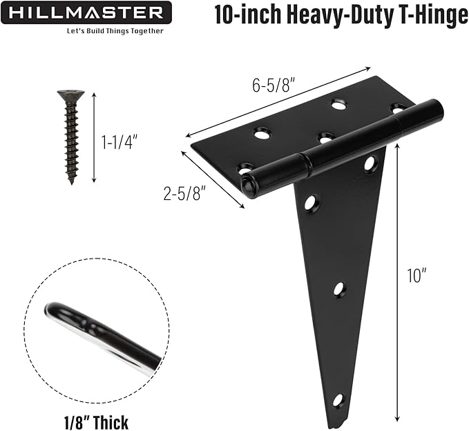 HILLMASTER 10 Inch T-Strap Heavy Duty Shed Door Hinges Gate Strap Hinges Black Tee Hinge Wrought Hardware for Wooden Fences,Yard,Barn Door,Rustproof (6 Pack)