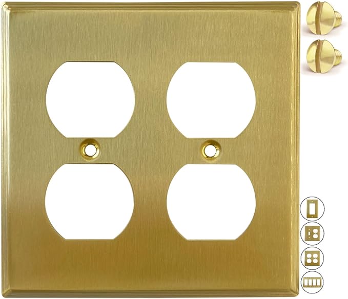 Rio Salto Outlet Covers Duplex Receptacle Wall Plate BRASS 2 Gang Double Outlet Cover Electrical Outlet Cover Brushed Brass Gold Metal Decorative Plates — Deco Collection, Standard Size, 4.50" X 4.56"
