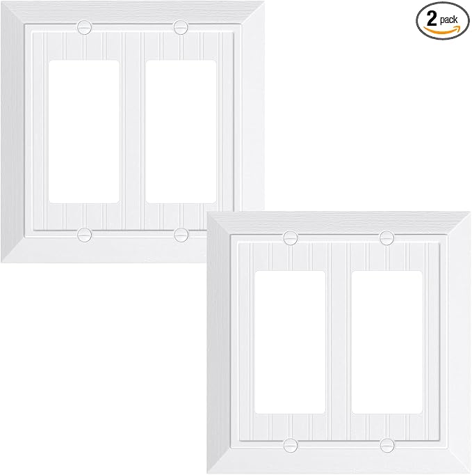2-Pack Classic Beadboard Decorative Double Decorator Outlet Cover Plate, Pure White Unbreakable Polycarbonate Wall Plates for Electrical Outlets, Receptacle, GFCI Outlet, Dimmer Switch, 2-Gang