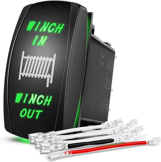 Nilight Winch Rocker Switch Momentary Toggle ON-Off-ON DPDT 7Pin 12V 24V Jumper Wires in Out Switches Green for Cars Trucks Caravans Boat