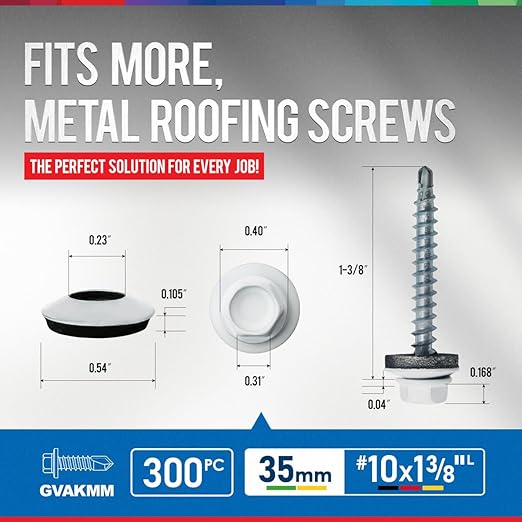 300Pcs #10 x 1-3/8" White Metal Roofing Screws, Hex Colored Head Self-Drilling Metal to Wood Siding Fasteners, in Reusable Storage Case, Hex Driver Bit Included