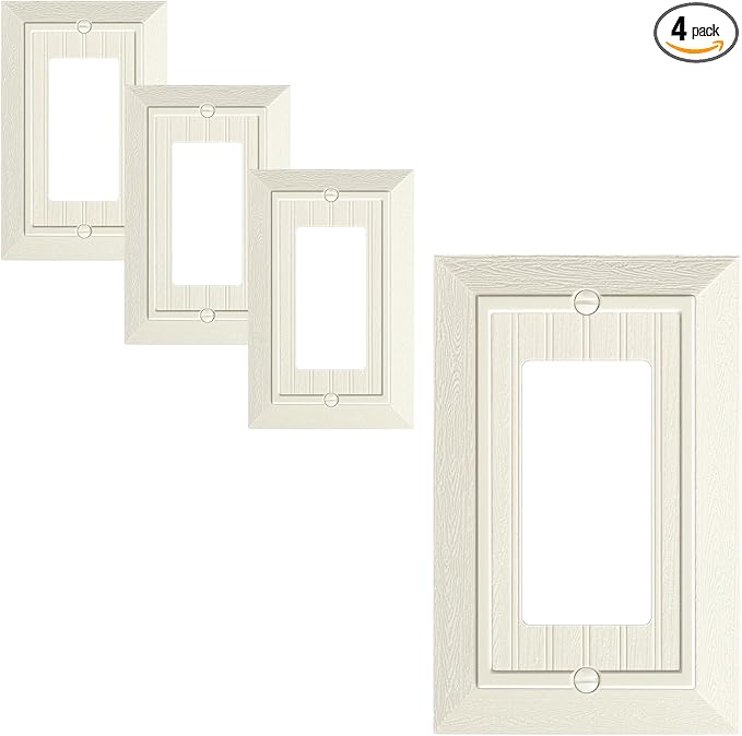 4-Pack Classic Beadboard Decorator Wall Plate Cover, Light Almond Decorative Switch Plates and Outlet Cover, Durable Unbreakable Polycarbonate Wall Plate for Electrical Outlet, Receptacle, GFCI Outlet