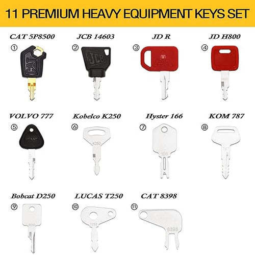 11 Heavy Equipment Keys Set, Construction Master Machine Keys Set for Cat, JD, Case, Komatsu, Hyster, Kubota, JCB, Bobcat, Daewoo, JLG, Toyota, Master Ignition Key for Workers and Opeartors