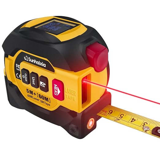 Laser Tape Measure 3 in 1 with Laser Level Crosshairs |196ft/60m Laser Distance+16ft/5m AutoLock Tape |Backlit LCD Display (Ft/Inch/M/mm) |for DIY,Construction, Interior Design (Yellow)