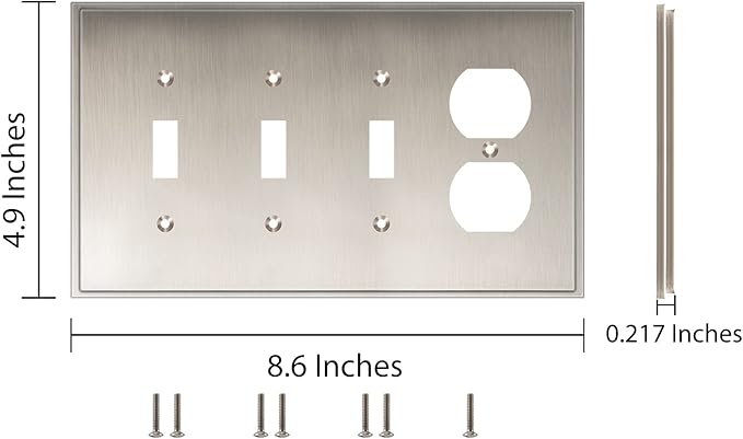 Henne Bery Soft Modern Decorative Wall Plate Switch Plate Outlet Cover (Triple Toggle/Single Duplex, Satin Nickel)