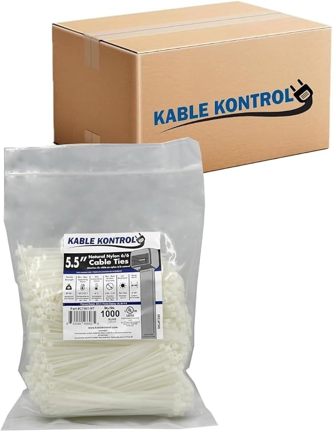 Kable Kontrol Cable Zip Ties, 5.5 Inch 24000 Pcs, 40lbs Test, Natural White | Nylon Plastic, Self Locking, UL Listed, Indoor Use