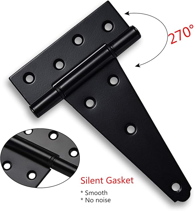6 Inch T-Strap Heavy Duty Shed Door Hinges,Black Tee Hinge for Wooden Fences,Yard Door,Barn Door Gates, Wrought Hardware Rustproof,4 PCS