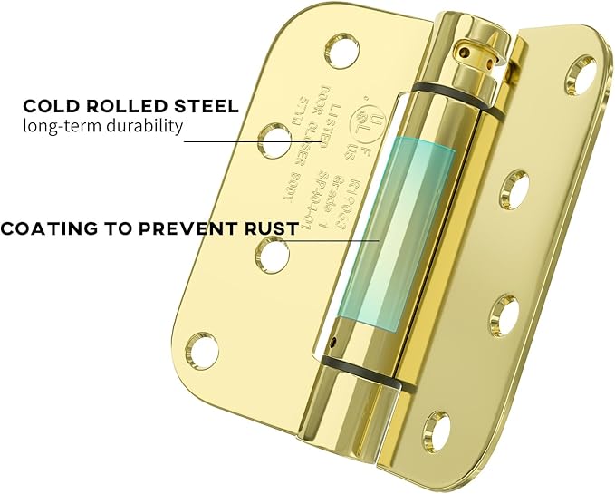 goldenwarm 4pack Polished Brass Door Hinges 4 Inch Self Closing Spring Door Hinge with 5/8" Radius Corners - Adjustable Door Closing, Residential & Heavy-Duty Hardware