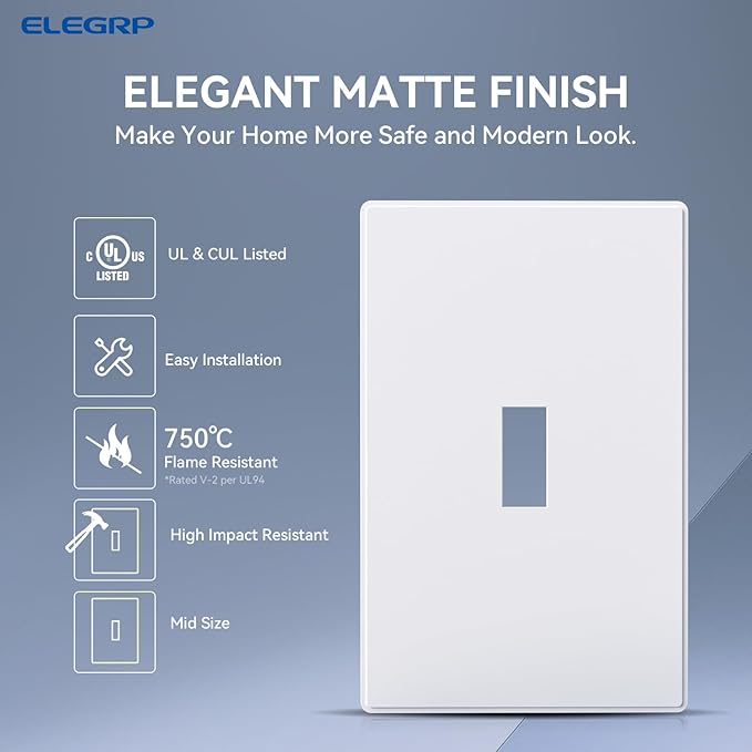 ELEGRP 1-Gang Screwless Toggle Switch Wall Plates, Mid-Size Unbreakable Thermoplastic Faceplate Cover for Wall Switch & Toggle Dimmer Switch, UL Listed (2 Pack, Matte White)