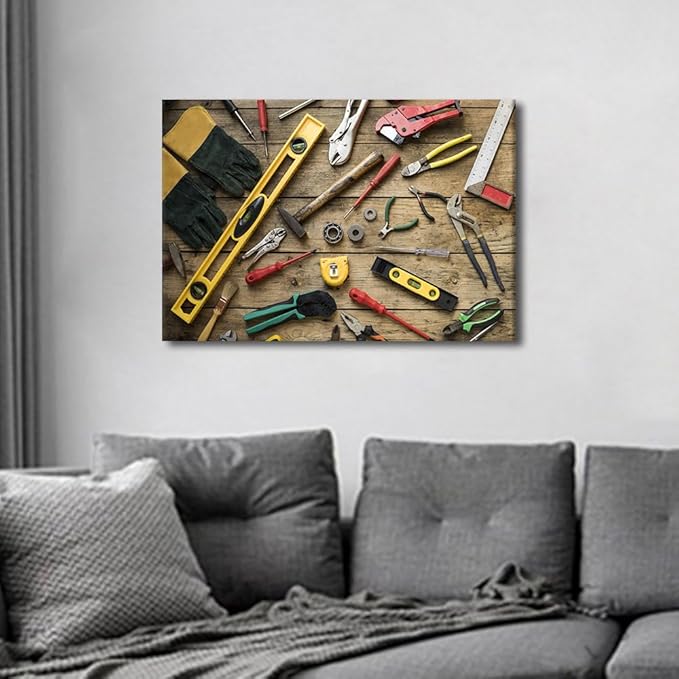 Canvas Wall Art Old Carpenter Tools on Wooden Background Picture Hammer Cutter Utensil Poster Framed Artwork for Home Living Room Bedroom Wall Decor Ready to Hang 1pcs (12" Wx18 H)