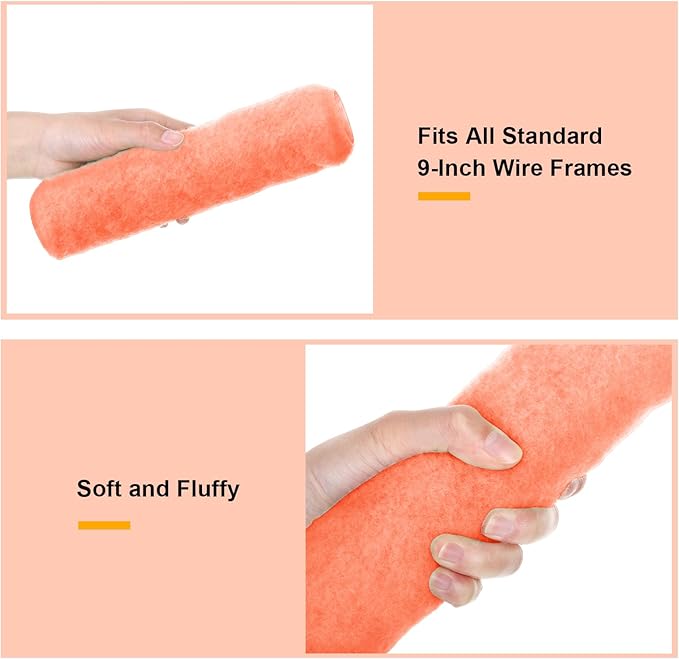 Gisafai 24 Pcs Paint Roller Covers Paint Rollers for Painting Walls Roller Paint Brush 3/8 Inch Nap Microfiber Roller Naps House Painting Supplies Paint Roller Kit for Walls Ceilings (Orange,9 Inch)
