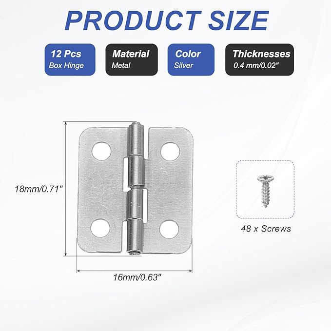 MECCANIXITY Small Butt Hinges 3/4 Inch Mini Jewelry Box Hinge with Screw for Jewelry Wooden Boxes Cabinet Drawer Doors Gate (Silver Tone, Pack of 12)
