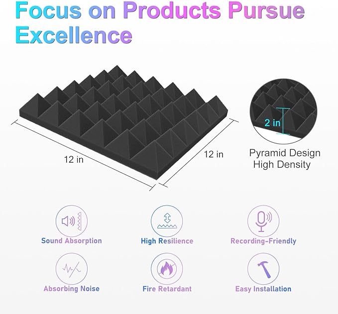 JBER Acoustic Sound Foam Panels, 24 Pack 2" X 12" X 12" Blue and Black Soundproofing Treatment Studio Wall Padding Sound Absorbing Fireproof Pyramid Acoustic Treatment…