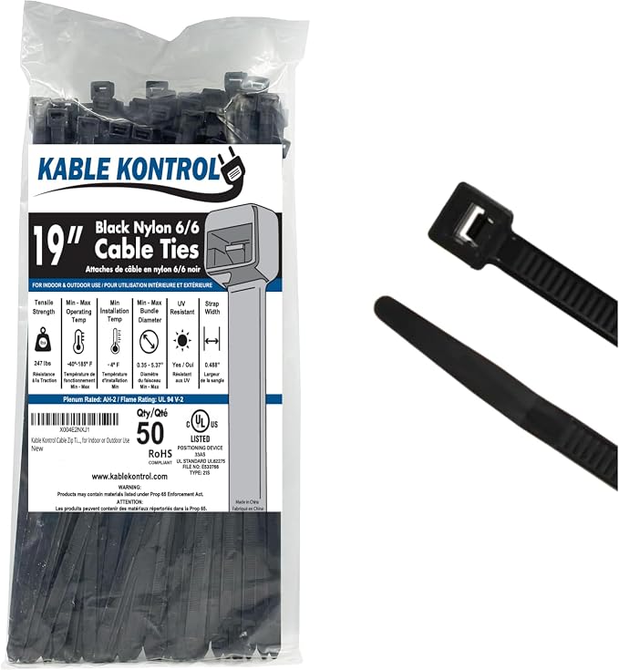 Kable Kontrol Cable Zip Ties, 19 Inch, 50 Pcs, HD 250lbs Test, Black | Nylon Plastic, UV-Resistant, Self Locking, UL Listed, Indoor & Outdoor Use