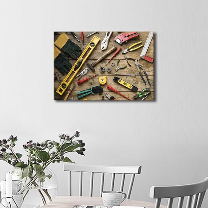 Canvas Wall Art Old Carpenter Tools on Wooden Background Picture Hammer Cutter Utensil Poster Framed Artwork for Home Living Room Bedroom Wall Decor Ready to Hang 1pcs (12" Wx18 H)
