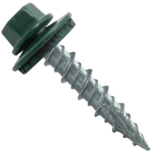 10 x 1 Ivy Green Metal Roofing Screws - Hex Washer Head- Self-Starting/Tapping - EPDM Washer. 1 Bag - 250 Screws