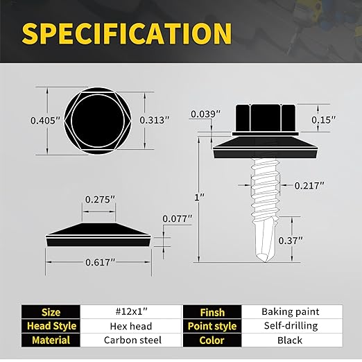 Metal Roofing Screws #12 × 1", 300 PCS, FIXLINK Baking Paint Hex Head Rubber Washer Sheet Metal Roof Screws Self Drilling Metal to Wood Siding Screws, Hex Socket Included, Black