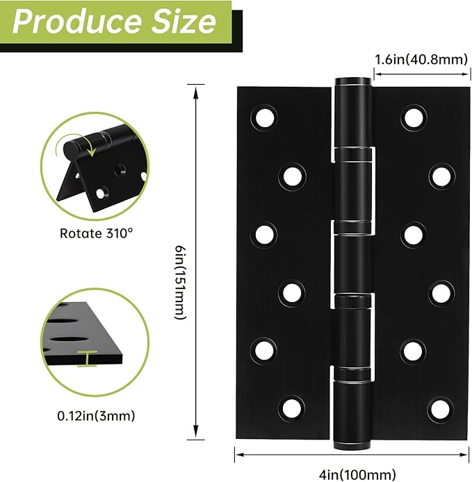 3 Pack Black Door Hinges 6 Inches Ball Bearing Hinges Heavy Duty Stainless Steel Hinge with Screws, Square Corner, Smooth and Quiet