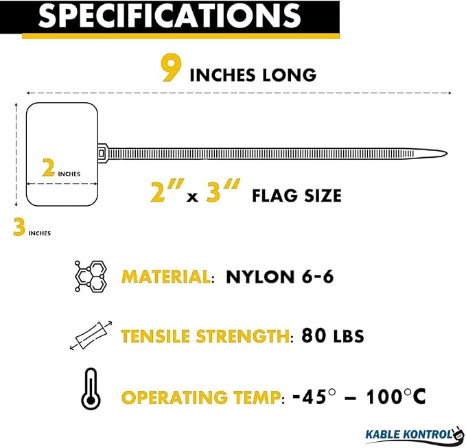 Kable Kontrol Cable Marker Identification Zip Ties 9 Inch 100 Pcs – Yellow | Large ID Flag Label Straps, Self-Locking Write on Tags for Ethernet, Power, and Cord Labeling