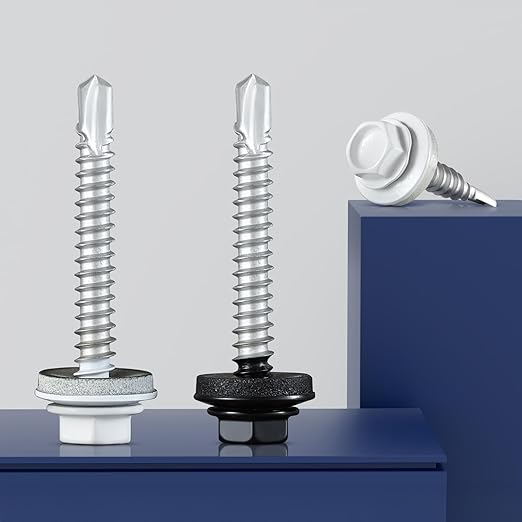 #10 x 1 in Self-Drilling Metal Roofing Screws,Sheet Metal Roof Screw,EPDM Washer,White Hex Head,with Hex Driver Bit(1LBs,84Pcs)