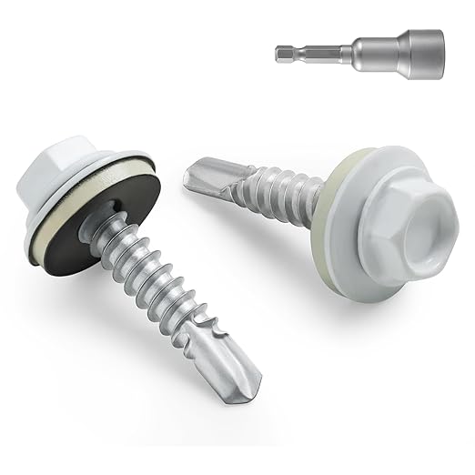 #10 x 1 in Self-Drilling Metal Roofing Screws,Sheet Metal Roof Screw,EPDM Washer,White Hex Head,with Hex Driver Bit(1LBs,84Pcs)
