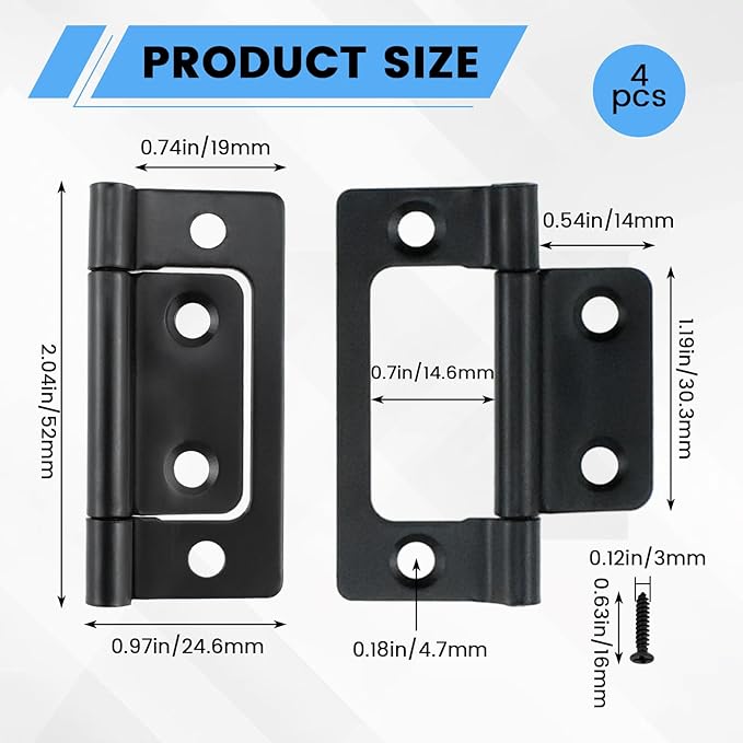 SDTC Tech 4-Pack Non-Mortise Door Hinges Bifold Butt Cabinet Hinges with Screws for Furniture Windows Cupboard etc. - 2 x 0.9 Inch, Black