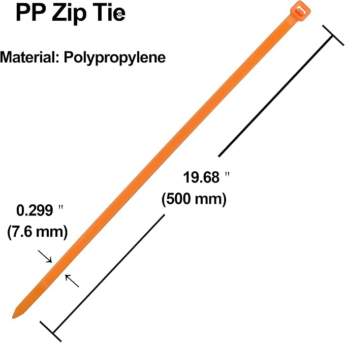19" PP Zip Ties,Polypropylene Zip Tie, Orange Acid and Alkali Resistant Plastic Cable Tie used for Aquaculture,Floating Solar Panels,Marine Applications (Pack of 100)