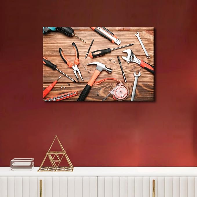 Wooden Table Old Tools Canvas Wall Art Background 1 Panels Tape Measure Pliers Artwork Frameds Modern Pictures for Office Meeting Room Study Decor Ready to Hang for Home Wall Decor ((16"Wx24"H)