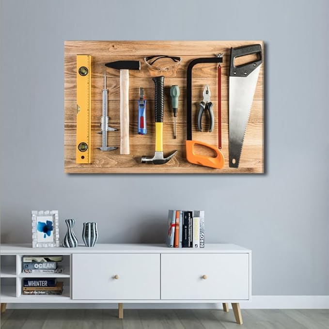 Hammer and Ruler Picture 1 Panels Large Wall Art for Living Room Wall Decor Assorted Work Tools on Wood Poster, Canvas Supermarket Hotel Restaurant Office Wall Decoration Ready to Hang (24"Wx36"H)