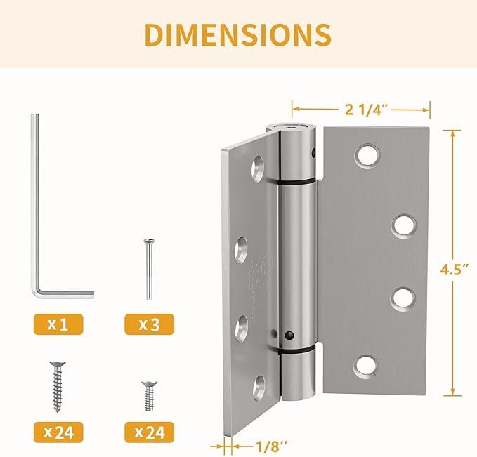 Luxbaro 3 Pack Self Closing Door Hinges, 4.5" x 4.5" Spring Loaded Hinges with Square Corners, Adjustable Tension for Garage, Front Door, Back Door, for Left and Right Hand Door, UL Listed
