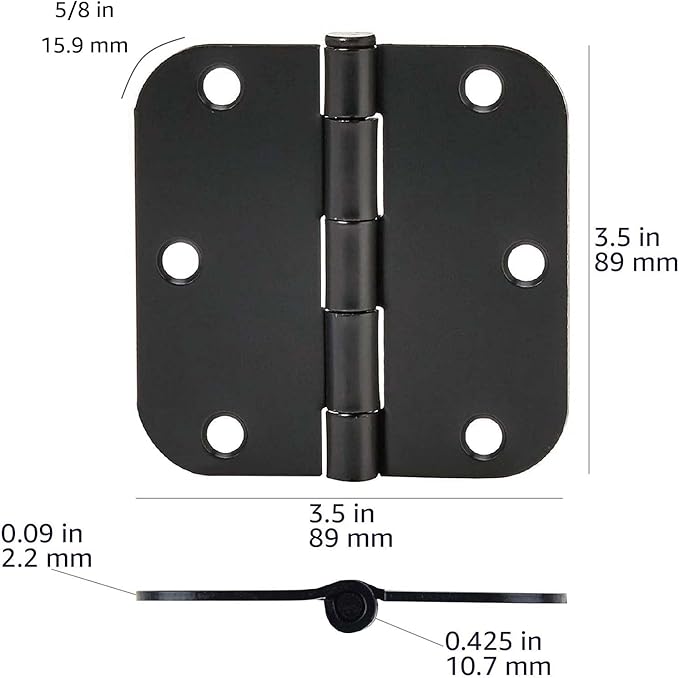 Amazon Basics Sturdy Rounded 5/8 Radius Interior Door Hinges with Included Screws, 3.5" x 3.5", Matte Black, 18-Pack