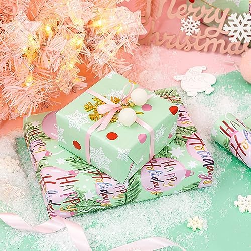WRAPAHOLIC Reversible Christmas Wrapping Paper - Mini Roll - 17 Inch x 33 Feet - Happy Holiday Lettering with Christmas Ball Design for Holiday, Party Celebration