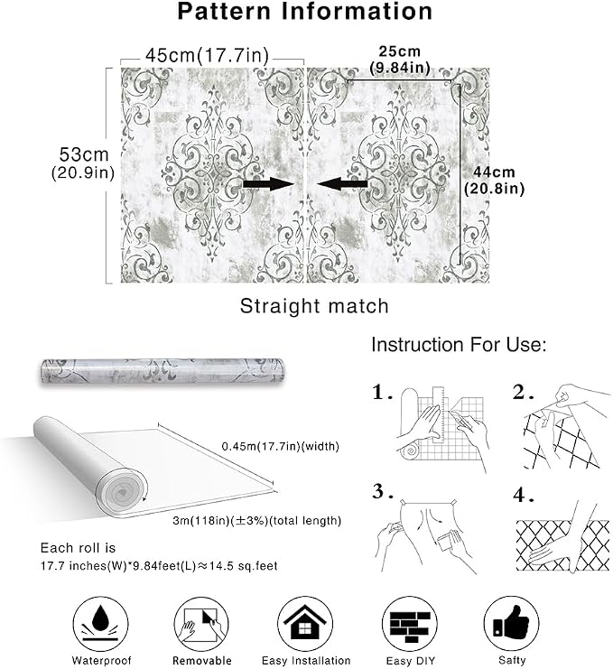 HAOKHOME Vintage Damask Peel and Stick Wallpaper White Vinyl Self Adhesive Decorative Contact Paper 17.7in x 9.8ft