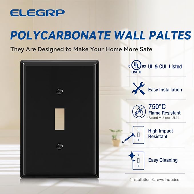 ELEGRP Large Size Toggle Switch Wall Plate, 1-Gang Light Switch Covers, Unbreakable Polycarbonate Replacement Faceplates Covers, UL Listed, Color-matched Screws Included (2 Pack, Glossy Black)