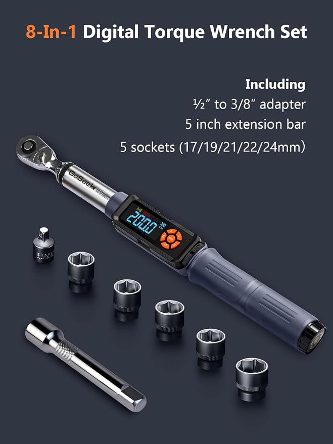 Goseek Upgraded Rechargeable Digital Torque Wrench 90 Tooth, 7.4-147.5 Ft-lbs/10-200Nm, 1/2'' Drive Electric Torque Wrench with Buzzer & LED & Vibration for Motorcycle Car Tires Repair