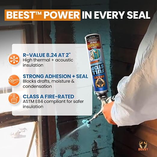 BEEST FullStop Fire-Rated Spray Foam Insulation for Walls & Attics - 240 Board ft/sq.ft - High Density Expanding Spray Insulation Foam Sealant for Thermal & Soundproofing - 12 Pack (12x26.8 oz)