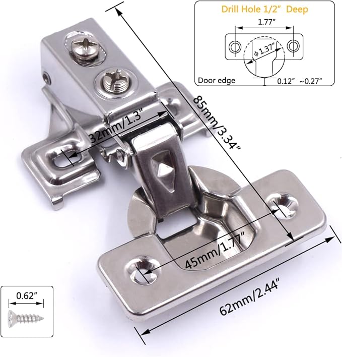 10 Pack Soft Close Cabinet Door Hinges for 1/2" Partial Overlay Cupboard, 100 Degree Opening Angel, Stainless Concealed Kitchen Cabinet Hinges with Mounting Screws and Manual