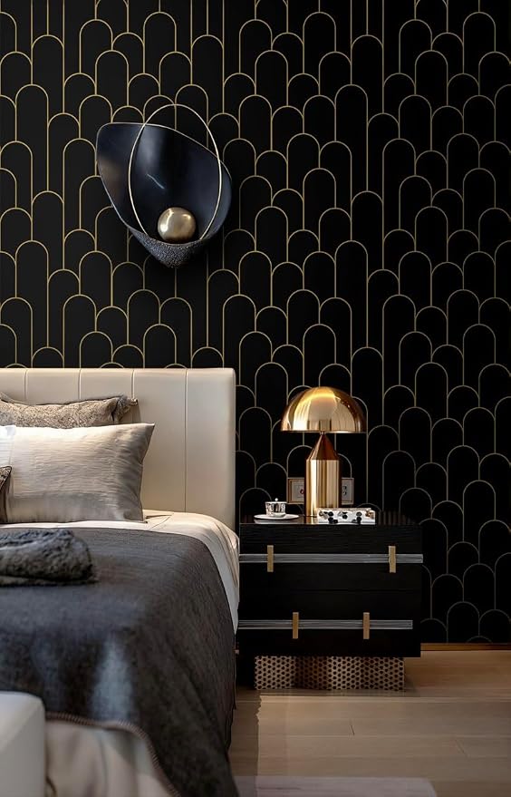 Yasinet Peel and Stick Wallpaper Black and Gold Wallpaper Modern Geometric Contact Paper for Bedroom Black Removable Self Adhesive Waterproof Wall Paper for Bathroom cabinets Vinyl 17.3”x393.7”