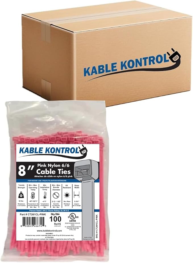 Kable Kontrol Cable Zip Ties, 8 Inch, 10000 Pcs, 50lbs Test, Pink | Nylon Plastic, Self Locking, UL Listed, Indoor Use