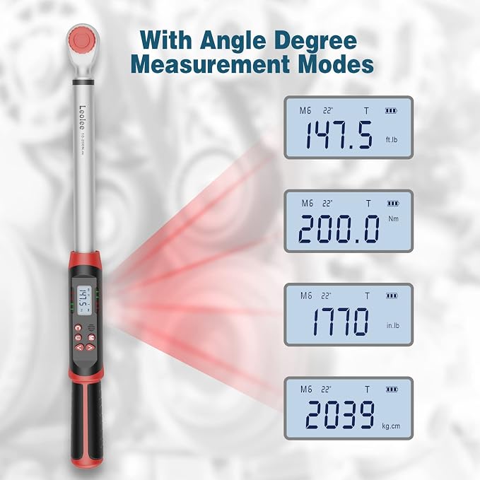 Leolee 1/2-Inch Drive Digital Torque Wrench with Angle, 7.38-147.5 Ft-Lb | 10-200Nm, ±2% Accuracy, Preset Value, Data Storage, Buzzer, LED Flash Notification, for Car Tire, Lug Nuts, Automotive Repair