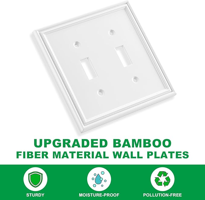White Modern Decorative Wall Plate Light Switch Cover Decorator Outlet Covers Rocker Switch Plates Bamboo Fiber Material Wall Plates for Kitchen Bathroom (2 Gang Double Toggle-2 Pack)