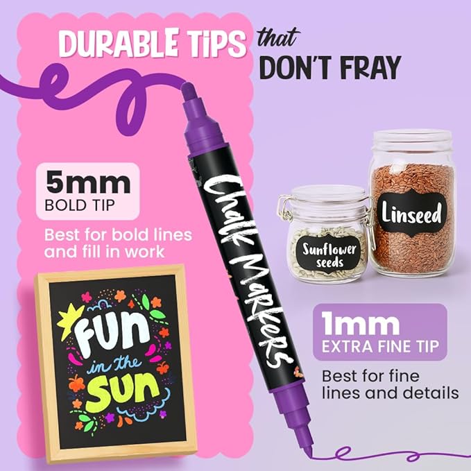 Chalkola Dual Tip Liquid Chalk Markers for Blackboard - (10 Pack, 1mm+5mm Fine, Bold Tip, w/Gold Silver) | Wet Erase, Erasable Chalk Pens for Chalkboard Signs, Car Windows, Calendar, Glass, Board