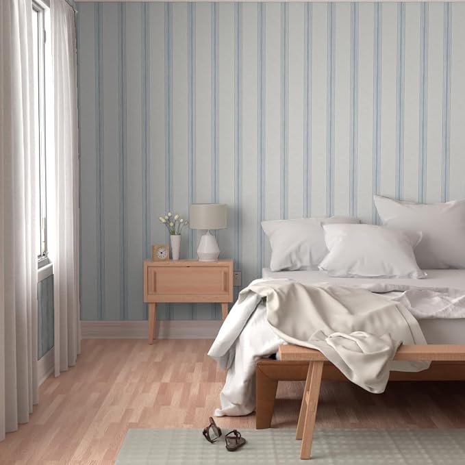 Spoonflower Blue Ticking Stripe Peel and Stick Wallpaper | Sample 12" x 24" | Neutral Cottage Simple Traditional | Self-adhesive, removable and renter-friendly