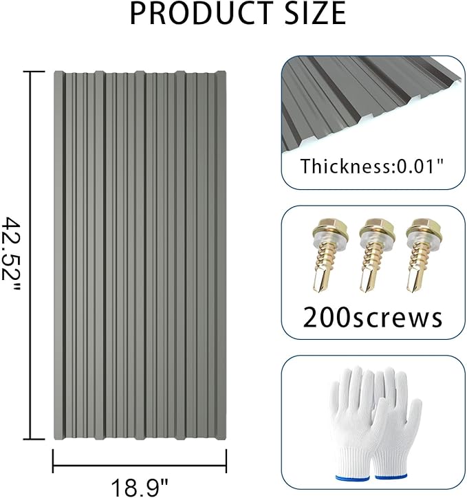 20 PCS 112 sq.ft Metal Roofing Panels, 42.52" x 18.9" Corrugated Galvanized Roof Panels, Waterproof Siding Panels with 200 Pcs Screws for Garages, Sheds, Stables and Mobile Homes