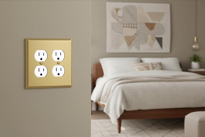 Rio Salto Outlet Covers Duplex Receptacle Wall Plate BRASS 2 Gang Double Outlet Cover Electrical Outlet Cover Brushed Brass Gold Metal Decorative Plates — Deco Collection, Standard Size, 4.50" X 4.56"
