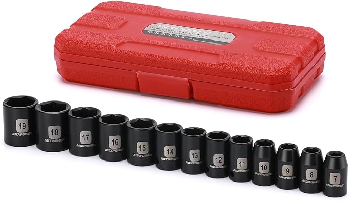 MIXPOWER 13 Pieces 3/8-Inch Drive Shallow Impact Socket Set, 7mm to 19mm, CR-V, Metric, 6 Point, Shallow, 13 Pieces 3/8" Dr. Socket