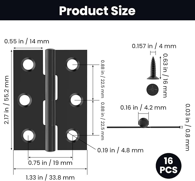 16Pcs 2.5 Inch Door Hinge, Stainless Steel Folding Butt Hinges with Mounting Screws for Cabinets, Furniture, Outdoor Windows, Crafts (Black)