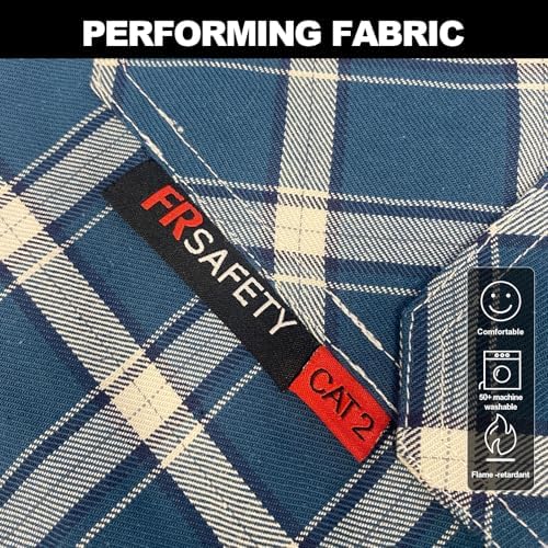 FR Shirts for Men 7oz Fire Resistant Shirts CAT2 Welding Shirt 100% Cotton Flame Resistant Shirt Blue/Plaid(3X-Large)