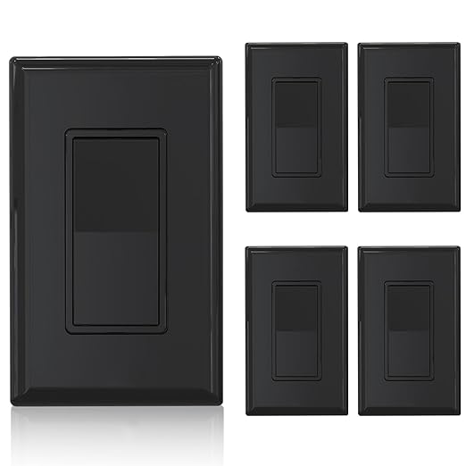 ELEGRP 3 Way Decorator Light Switch, 15Amp, 120-277 Volt, AC Rocker Paddle Wall Switch Replacement, Self-Grounding, Residential Grade, Screwless Wall Plate, UL Listed (5 Pack, Glossy Black)