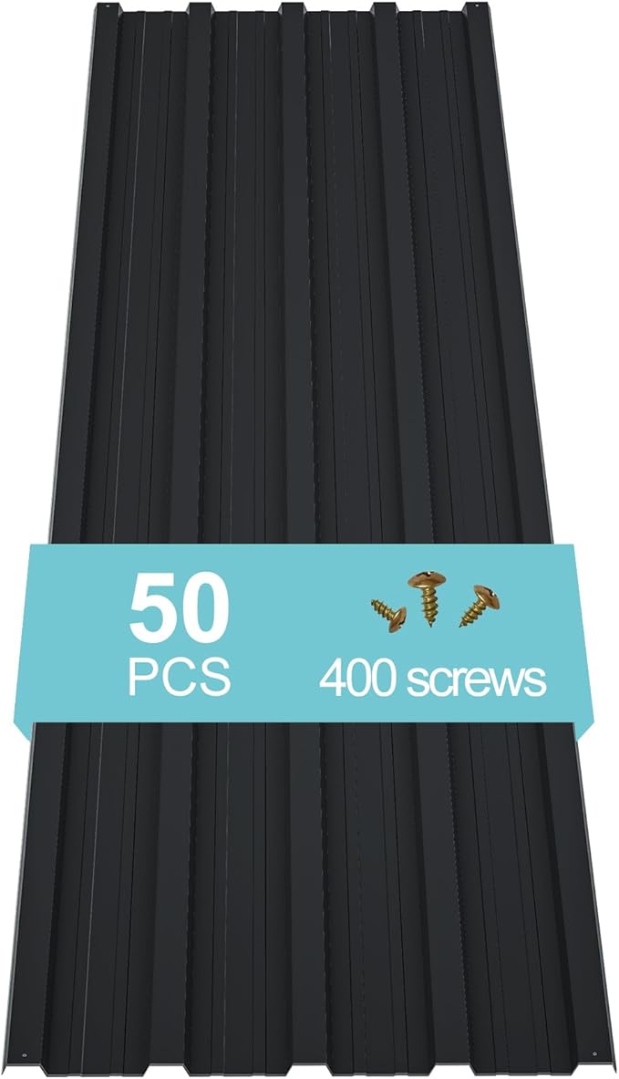 50 pcs Metal Roofing Panels L60.63×W16.77 Inch Galvanized Steel Corrugated Roof Panels Gazebo Top Cover Garages,Sheds, Stables and Mobile Homes Replacement for Patio Outdoor Garden, Black